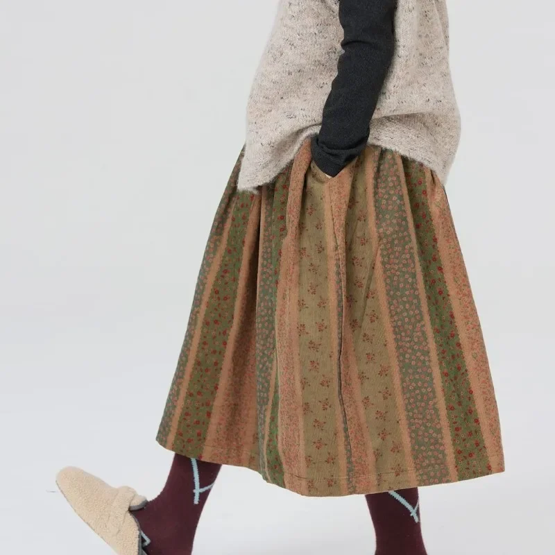 Vintage Bohemian Floral Print Skirt 2025 Spring Summer Color Block Patchwork Lining Corduroy Elastic Waist Mid Length Skirt