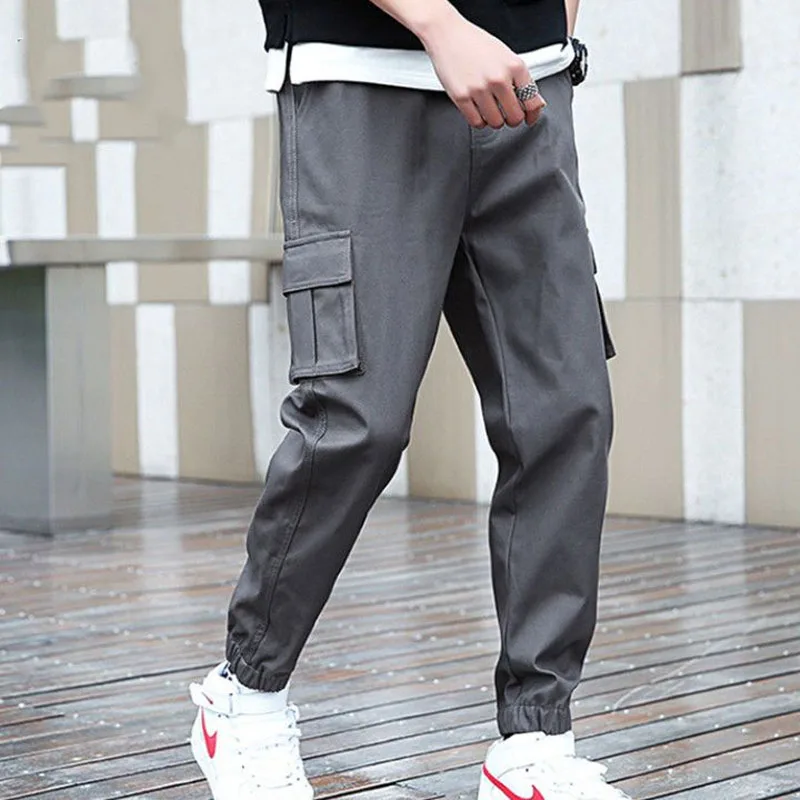 

2023 New Fashion Versatile Harlem Workwear Casual Splice Pockets Loose Tie Feet Youth Casual Solid Color Temperament Men's Pants