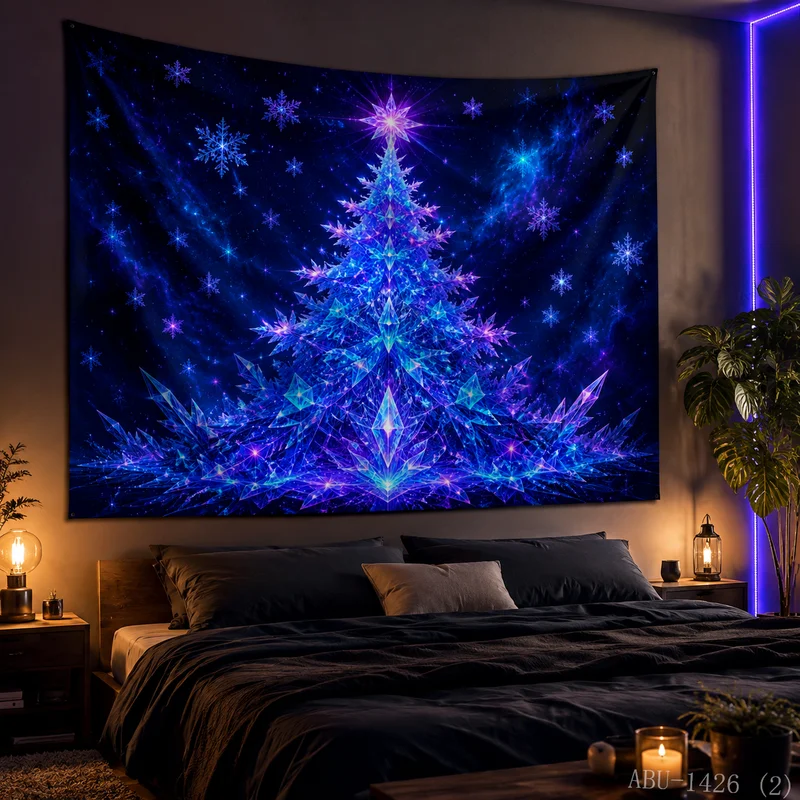VIKAMA Neon Pink Blue Wireframe Sphere Tree Gift Box Snowflake Starry Radiant Christmas Tapestry Wall Hanging Bedroom Living