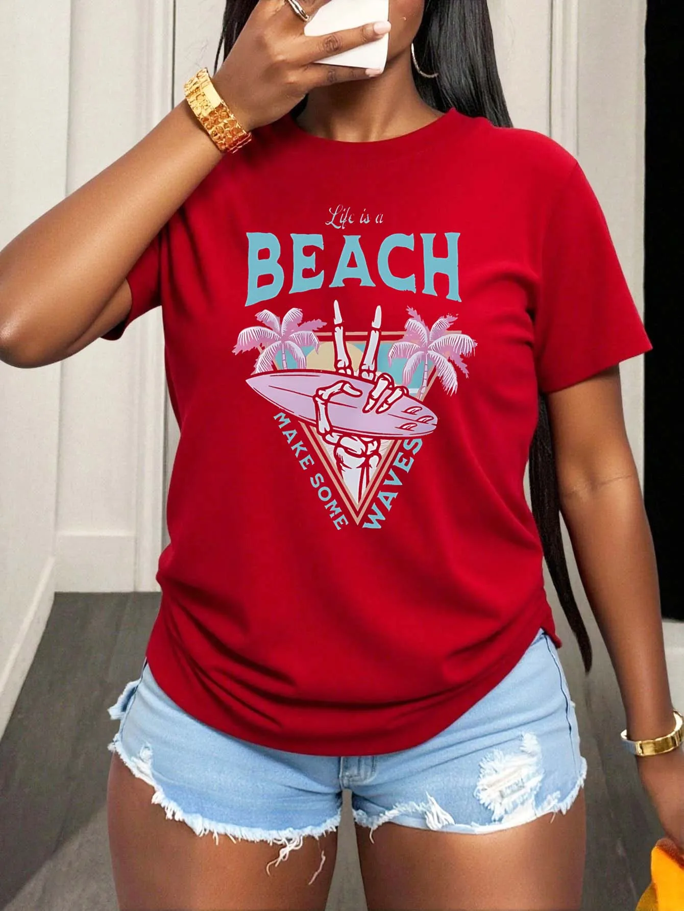 

Plus Size Life Is A Beach Graphic Tee With Palm Trees And Surfing Skeleton For Chic Vibes