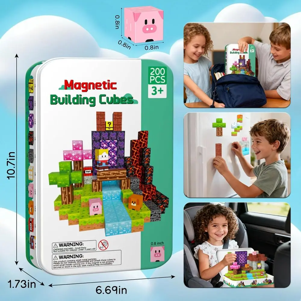 STEM Magnetic Building Blocks - 200-Piece Cube Set for Kids 3-12, Ideal Gift for Boys and Girls