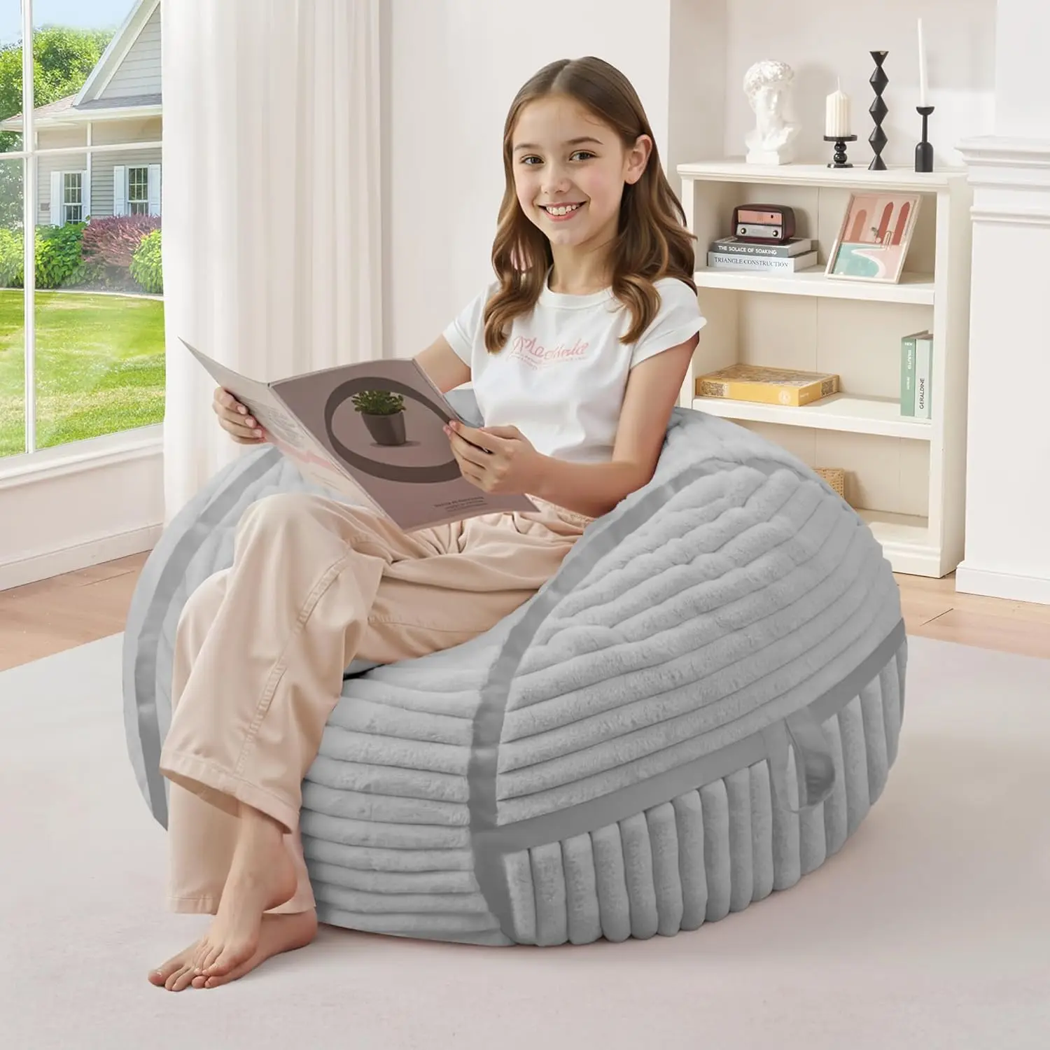 

2FT Memory Foam Bean Bag Chair with Soft Faux Fur Cover, Comfy for Classroom Living Room Game Room Bedroom - Light Grey