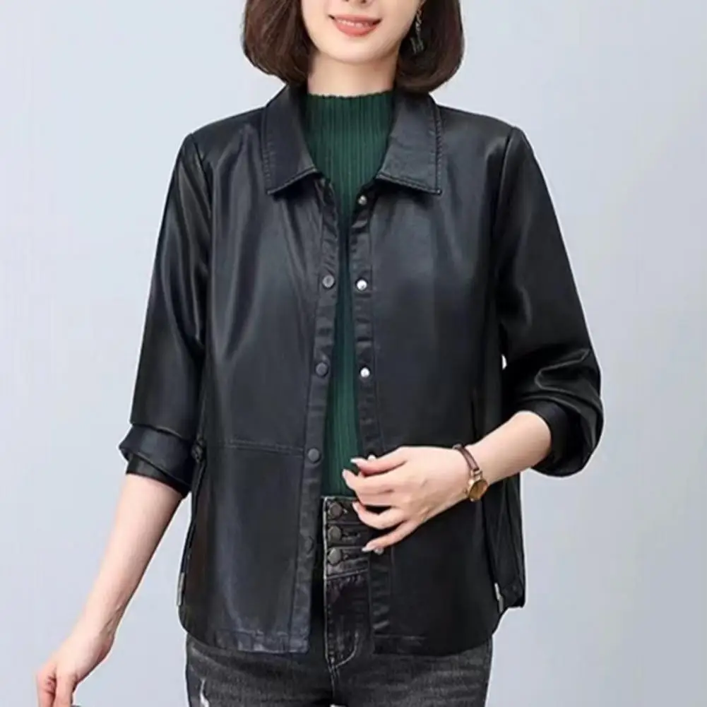 Lapel Jacket Retro Rcycle Coat Women's Faux Leather Jacket with Turn-down Collar Pockets Plus Size Outerwear for Travel