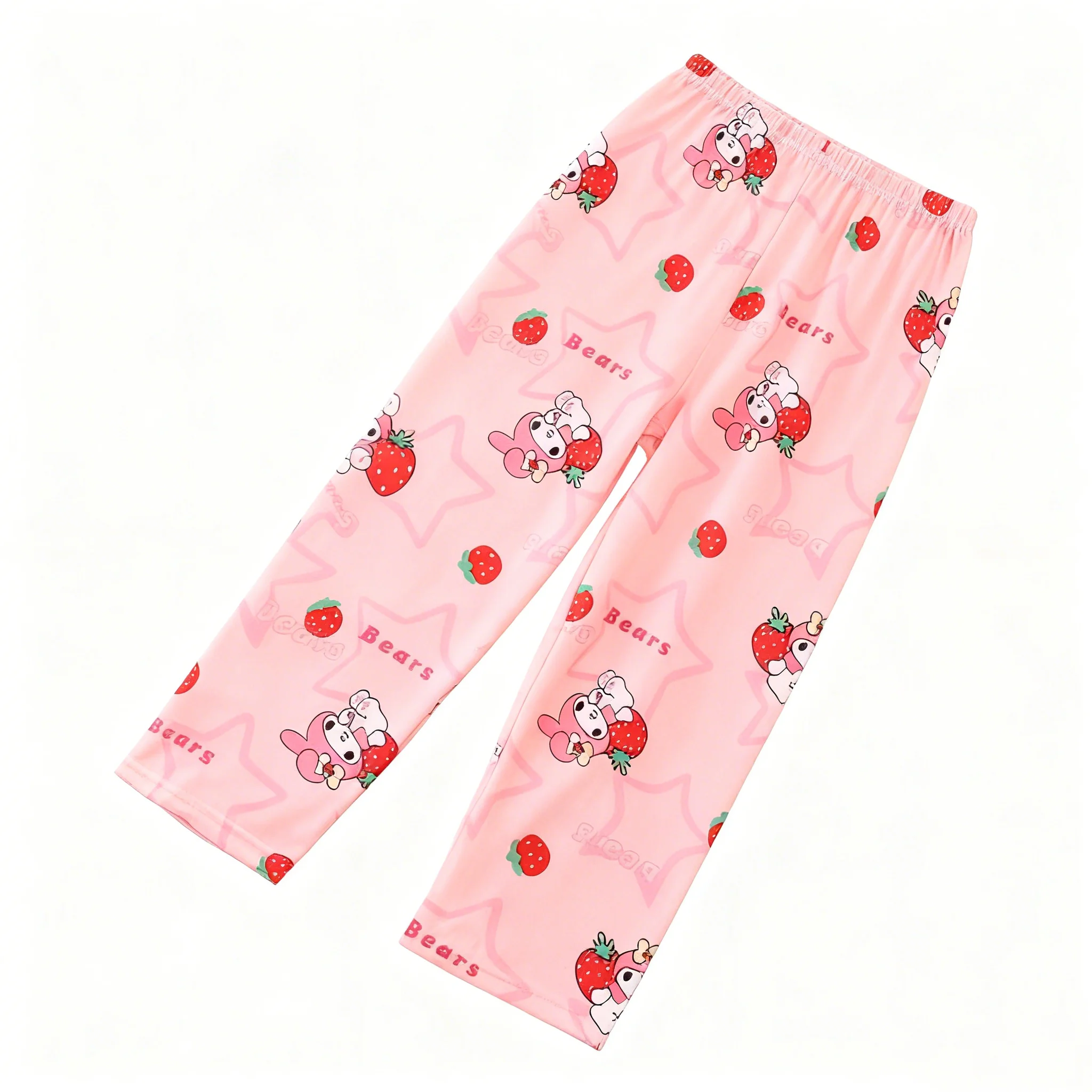 طقم بيجامة أرنب كرتوني لطيف للفتيات من Miniso - طباعة الفراولة الوردية ونجوم ورقبة دائرية وأكمام طويلة ملابس نوم مكونة من قطعتين #3