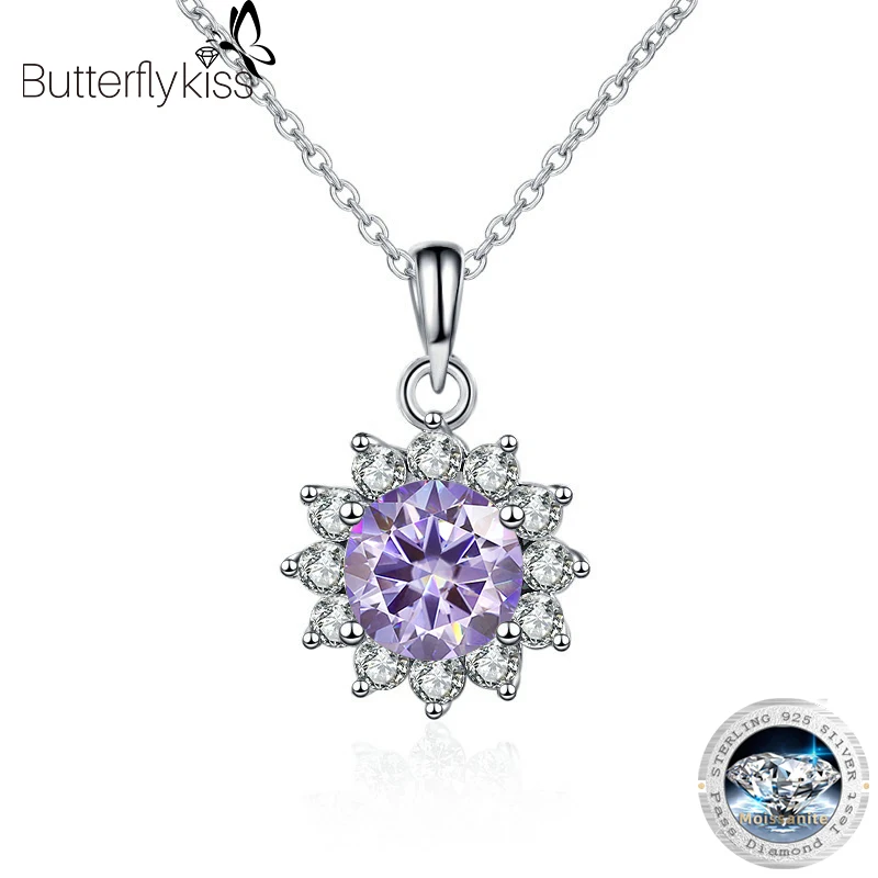 Butterflykiss New In 925 Sterling Silver Sunflower Pendant Necklace For Women 1.0CT VVS1 Moissanite Diamond Wedding Jewelry Gift