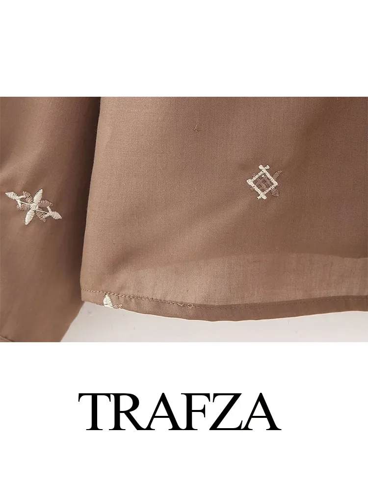 Trafza-女性の刺繍入りカジュアルブラウス,長袖シャツ,ラペルボタン,シックなトップス,オフィス,女性のファッション,2023