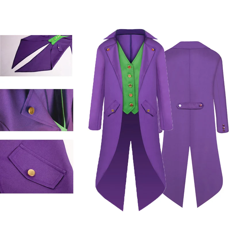 Joker Cosplay para crianças, casaco longo medieval para crianças, macacão roxo, roupas de Halloween, terno de festa carnaval, jaqueta para meninos