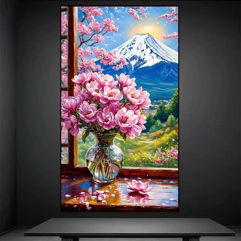 New Arrival Diamond Painting Arts Cherry Blossom Vase Picture Of Rhinestones DIY Mount Fuji Scenery Embroidery  Home Decor