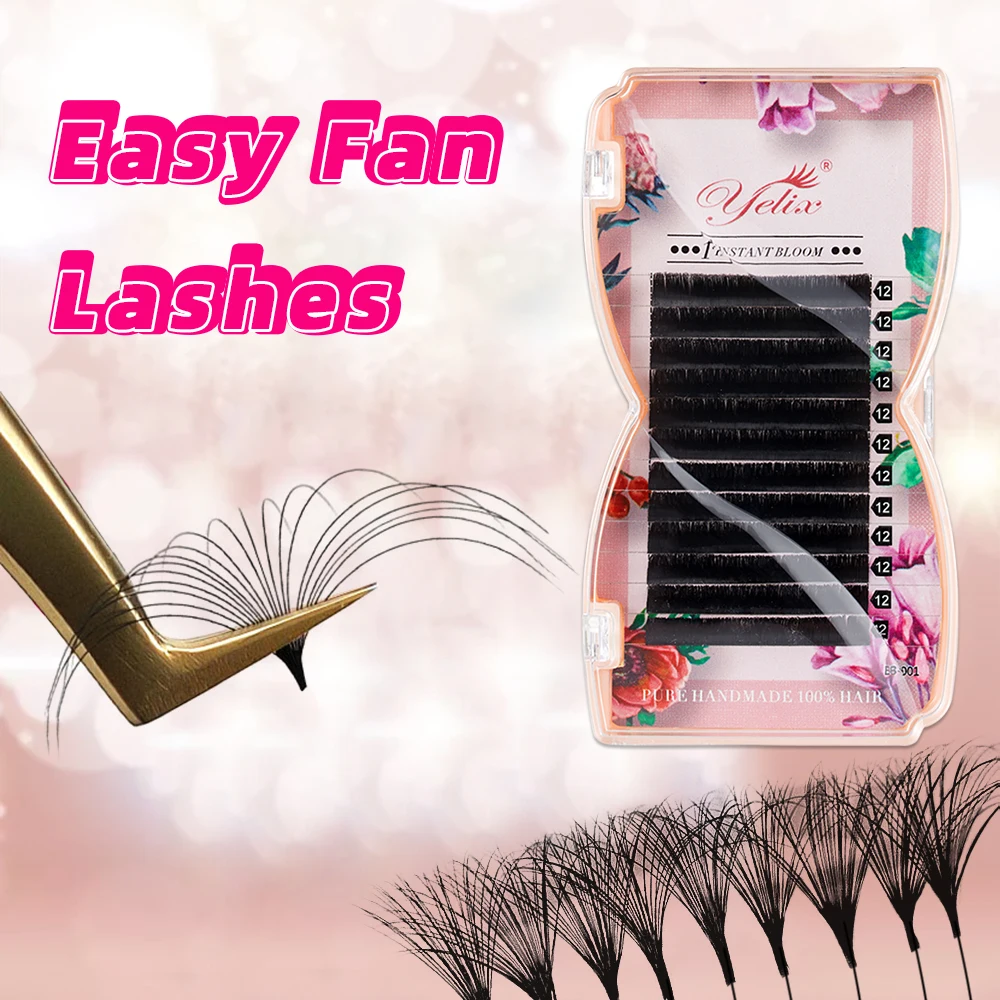 Yelix Easy Fan Camellia Lash Clusters Eyelash Extensions Fluffy Volume False Lashes Premade Fans Natural Curly Soft Quick Graft