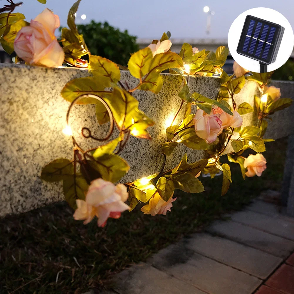 1PC Solar Rose Flower String Lights, LED Artificial Rose Flower Vine String Lights Hanging Garland Fairy Lights