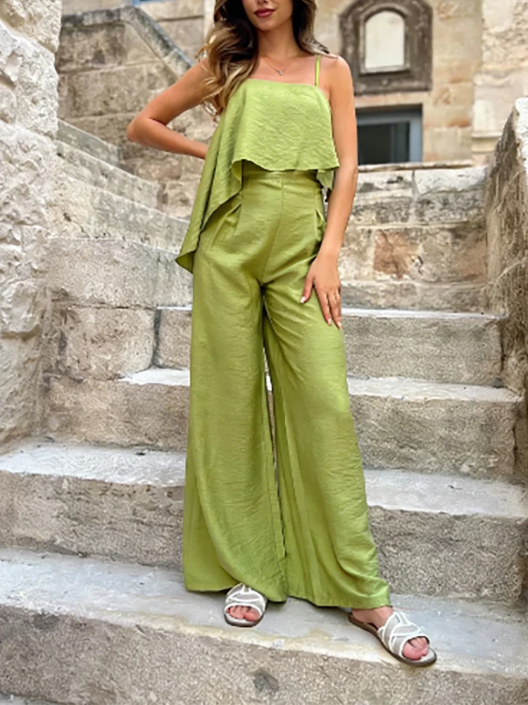 

Fashion Commute Hight Waist Solid Playsuits Elegant Off Shoulder Suspender Jumpsuit Women's Sexy Sleeveless Ruffled Long Romper