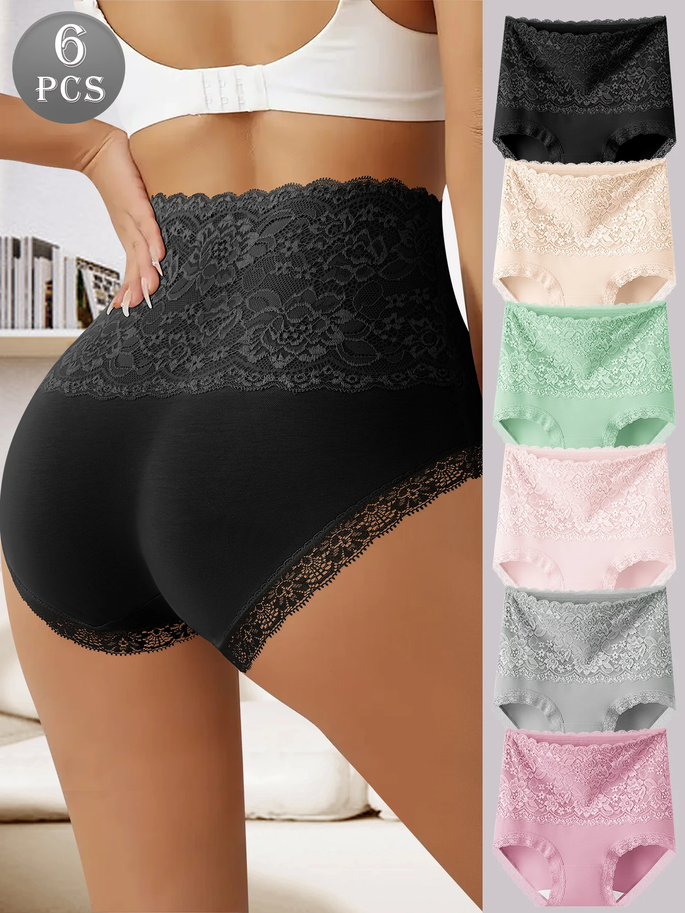 

Комплект из 6 женских трусиков с высокой талией, дышащие жаккардовые трусы без цилиндра и без рулонов с кружевной окантовкой для максимального комфорта