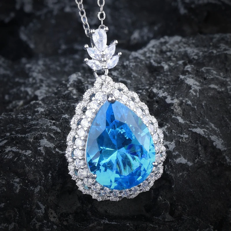 KOFSAC Luxury Shiny Crystal Blue Water Droplets Necklace For Women Anniversary Jewelry 925 Sterling Silver Necklaces Lady Gift