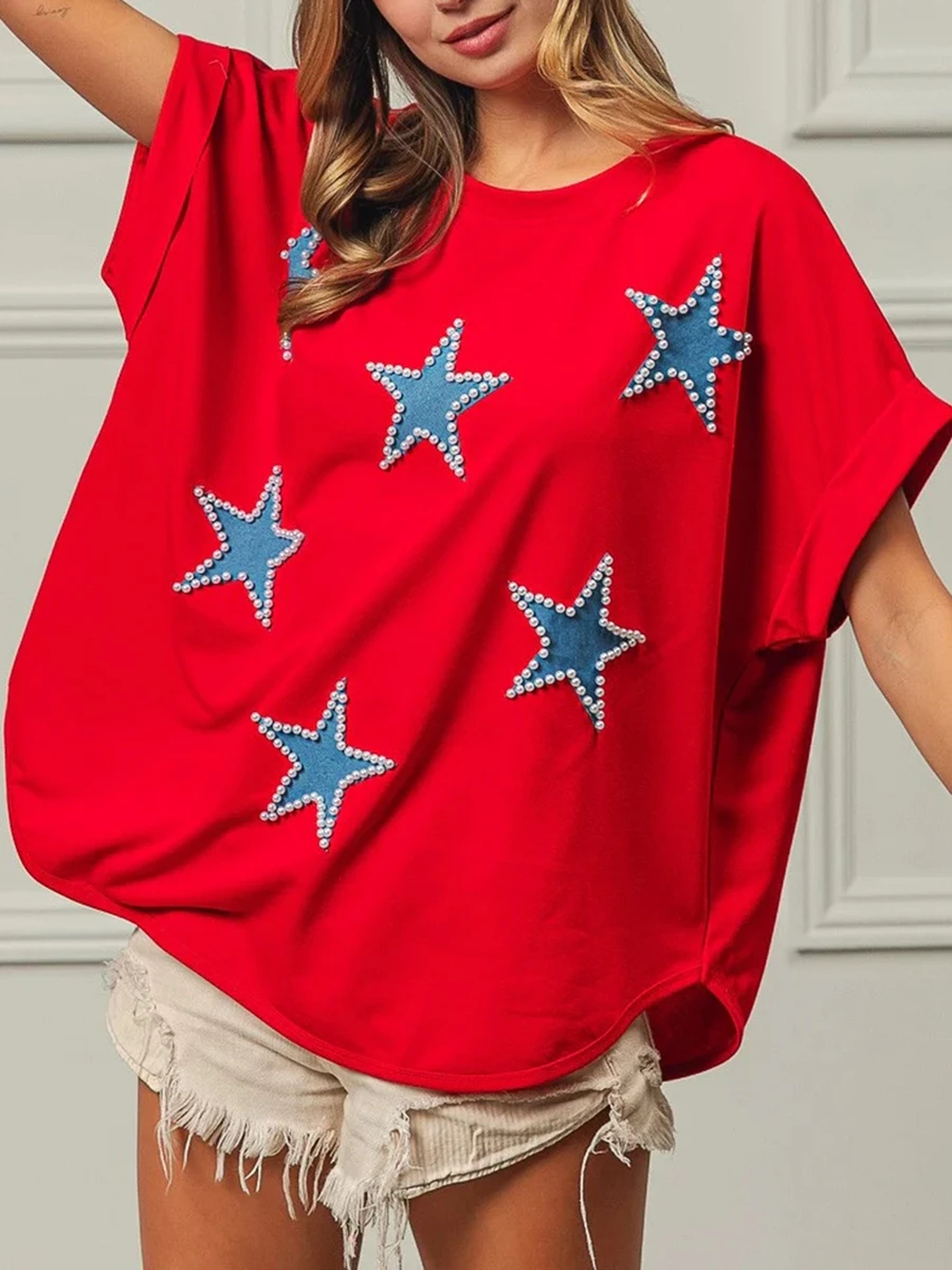 Women's Summer Loose T-shirt Pearl Star Decal Short Sleeve Round Neck Oversized Pearl Handmade Star Printed T-shirt  Top