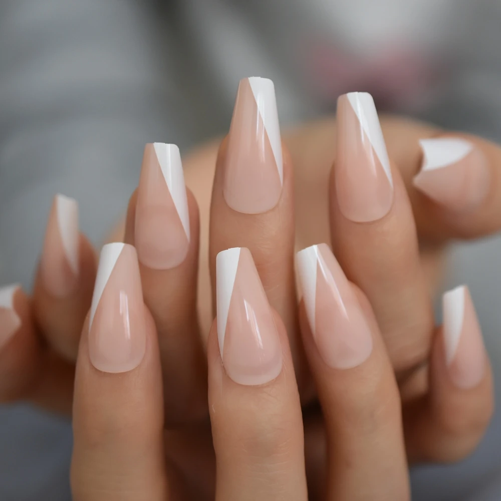 Błyszczące Super długie Nude Pink White French Smile Line Tips Shiny Ballerina Fake Art Nails Coffin Salon Fałszywe paznokcie