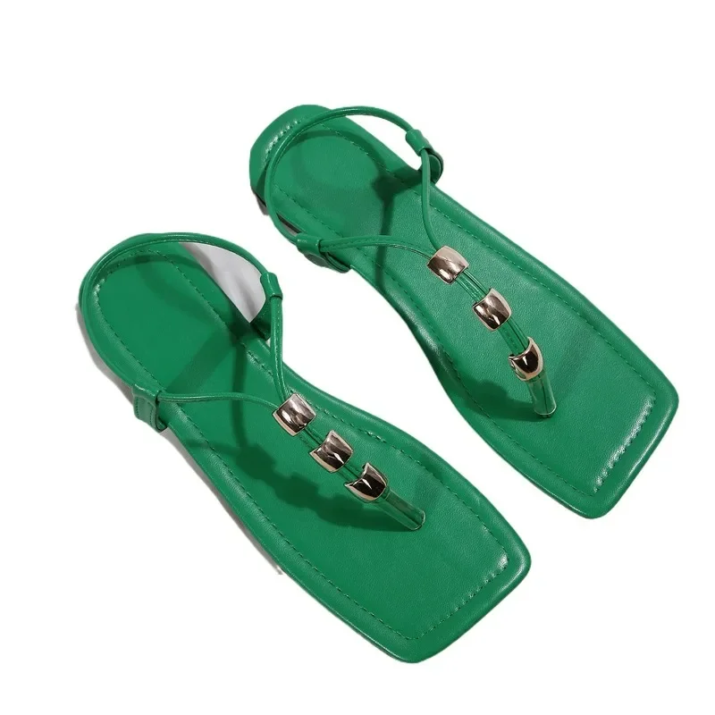 Sepatu Wanita 2025 Sandal Wanita Thong Sandal Kasual Ukuran Besar Sepatu Manik Tali Wanita Sandal Datar Ujung Persegi Wanita