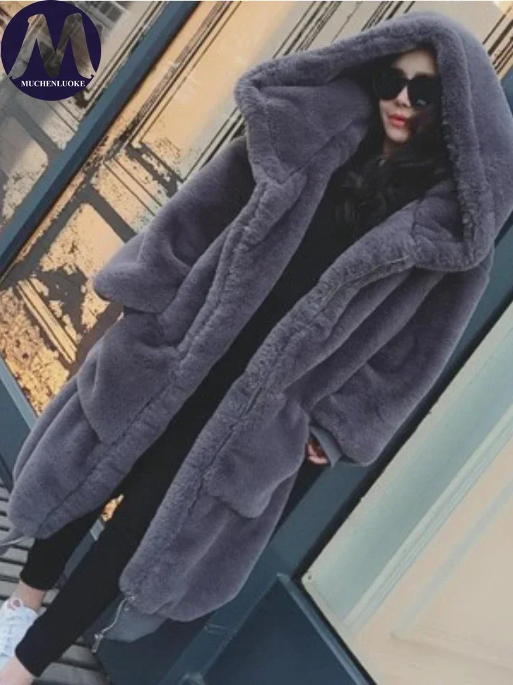 Women\'s Hooded Faux Fur Coat Mid Length Coats Loose Plush Thickening Warm Casual Fashion Autumn Winter New 2024