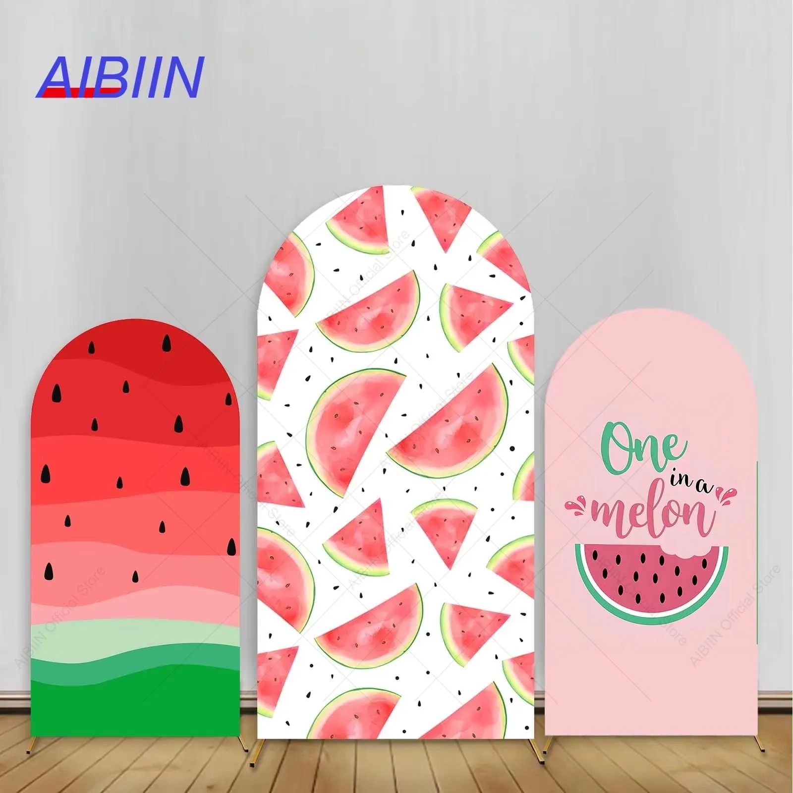 AIBIIN Summer One in a Melon Birthday Arch Backdrop Cover Green Rind Red Pulp Boy Girl Baby Shower Party Decor Cake Background