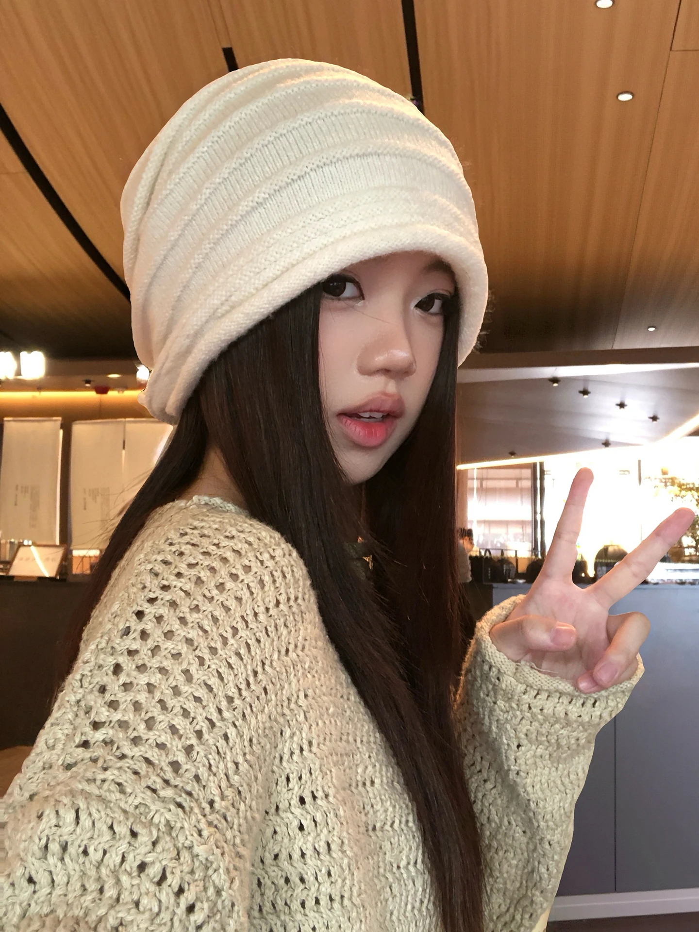 Casual Knitted Large Size Loose Women's Hat Fashionable Small Face Effect Woolen Cap Simple  Color Winter Warm Hat