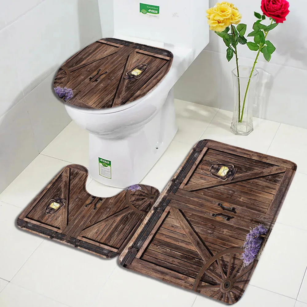 Farm Barn Wooden Door Bath Mat Set Brown Wood Wheel Purple Flower Flannel Carpet Bathroom Decorative Floor Rugs Toilet Lid Cover