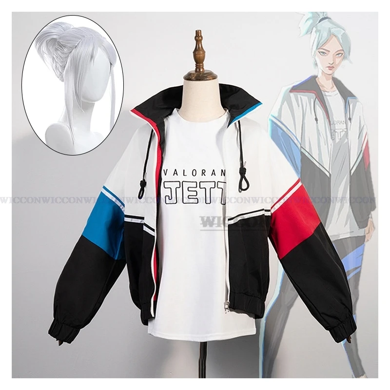 VALORANT Jett Cosplay Costume Cosplay Adulto Uomo Donna Fantasy Giacca Cappotto Parrucca Gioco Travestimento Abiti Halloween Gioco di ruolo Vestito