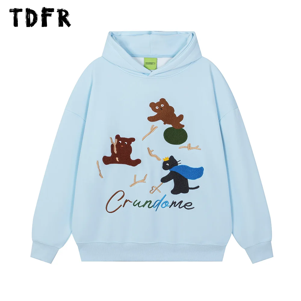 Little Bear Embroidery Hooded Sweatshirts Mens Fleece Autumn Winter Streetwear Drop Shoulder Loose Long Sleeve Hoodies Men