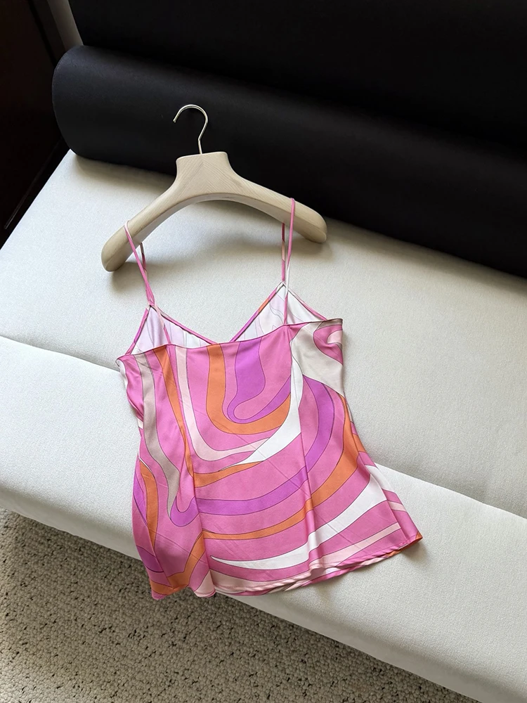 Summer Fashion Beach Resort Geometric Pattern Print Sexy Backless Silk Tops Women's Spaghetti Strap Sleeveless Slim Top