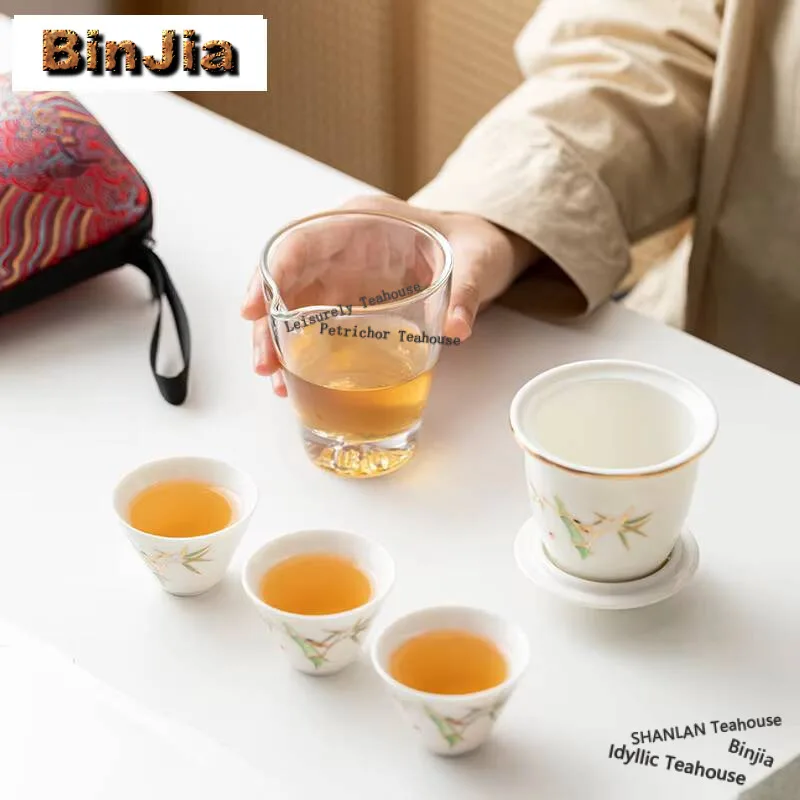 Dehua Mutton Fat Jade Porcelain Tea Set Kit Antique 1 Pot 3 Cups Tea Maker Picnic Outdoor Portable Stock Bags Accessories Craft