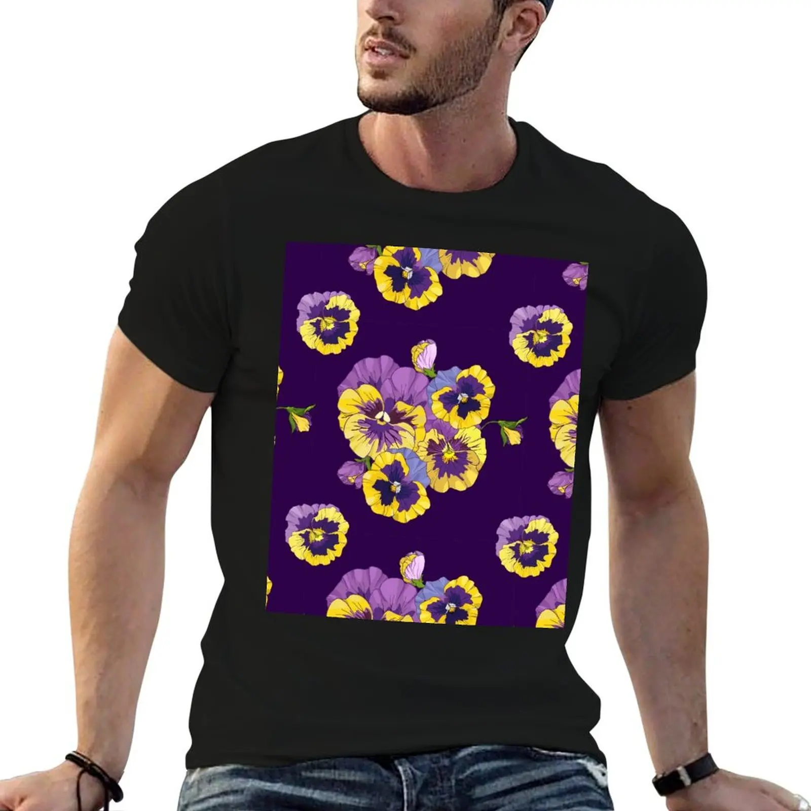 

bright pattern of flowers of pansies T-Shirt blue lock baggy shirts black t-shirts for men