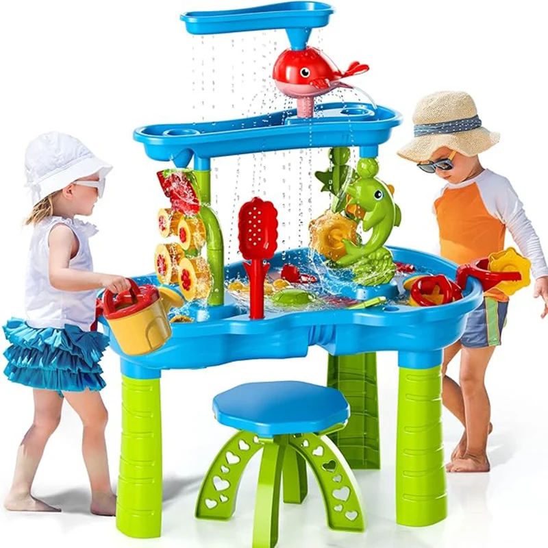 TEMI Kids Sand Water Table. 3-Tier. Rain Showers Pond. Sensory Play. Beach Summer Toy For Toddlers.