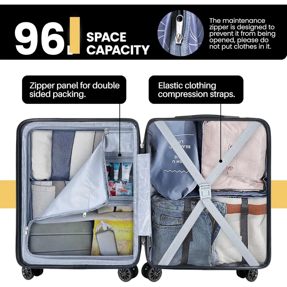 Lightweight ABS Hardside PC Luggage with USB Port, TSA Lock, Wheels, Large 28 Inch Black for Travel