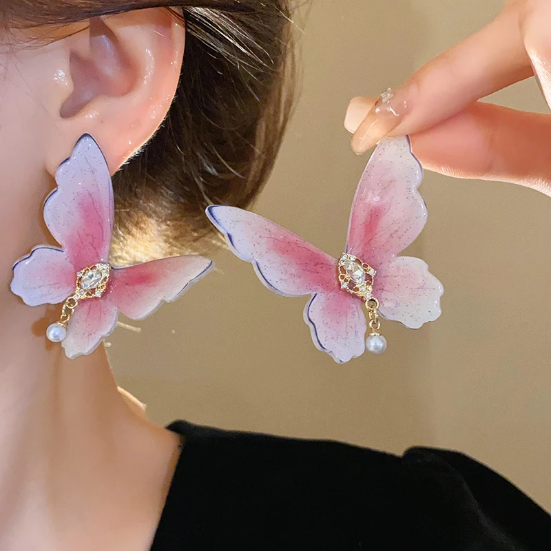 Sweet Pink Butterfly Earring Inlaid Rhinestones Imitation Pearl Stud Earrings For Women Party Wedding Ear Jewelry Wholesale