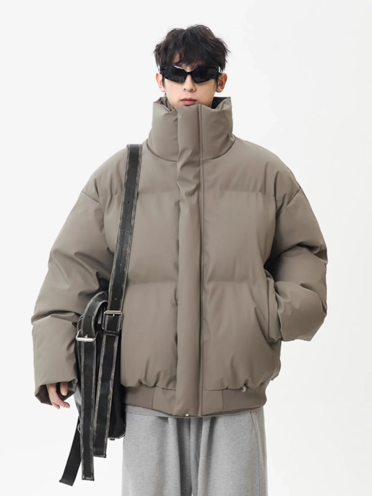 Cleanfit Men's Stand Collar PU Leather down Cotton Jacket Hip Hop Style Short Bread Coat American Streetwear Winter Outerwear
