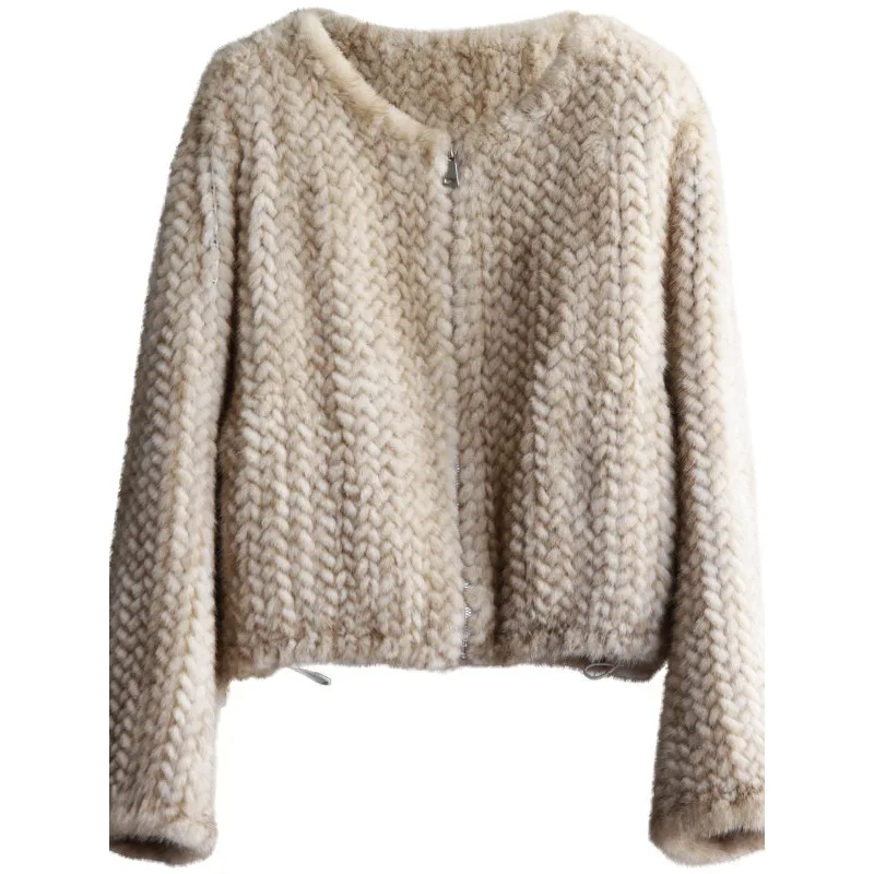 

Легкий роскошный силуэт 2025 года, импортная куртка из норкового меха, кардиган из норки с круглым вырезом, двусторонняя тканая шуба ручной работы