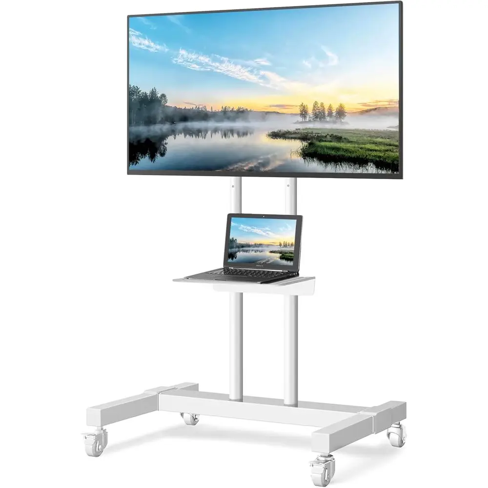 

Mobile TV Stand with Wheels for 32-83 Inch Flat Curved TV, Height Adjustable Cart with Metal Shelf for Home Office White