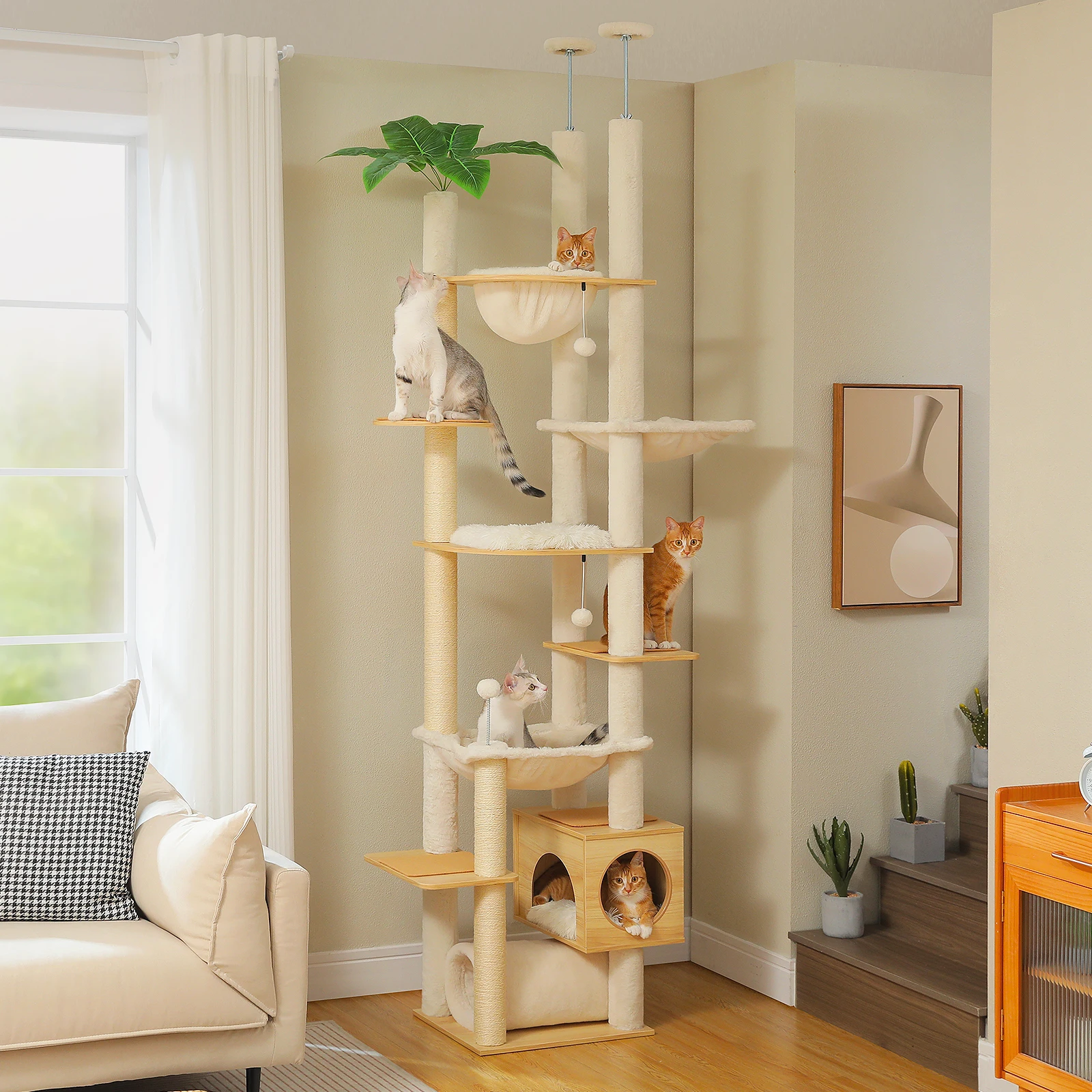 Arbre à chat en bois réglable en hauteur avec grand hamac, poteaux à gratter en Sisal du sol au plafond, tour à chat confortable pour intérieur