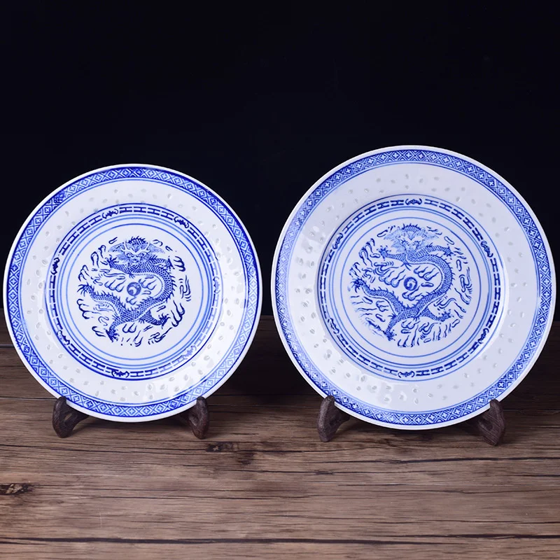 Chinese Flat Plate Blue And White Porcelain Dinner Plates Ceramic Old-fashioned Dragon Plate Tableware Food Tray