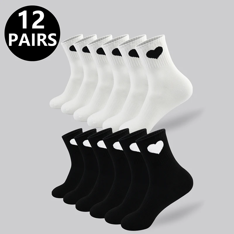 

10/12/20 пар милых носков в форме сердца для женщин, модные черно-белые спортивные носки для пар, милый стиль