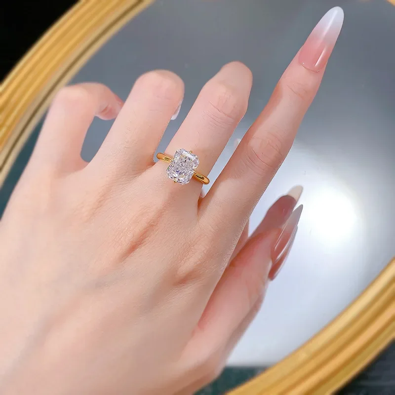 14K Gold Radiant Cut Lab Diamond Ring 100% Real 925 Sterling Silver Party Wedding Band Rings for Women Bridal Engagement Jewelry
