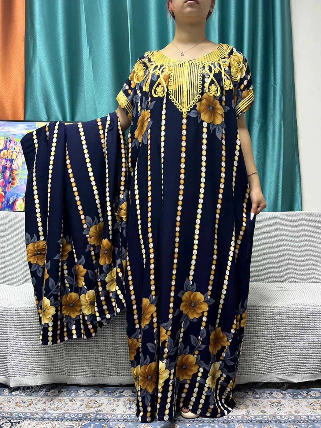 Abayas para mulheres, muçulmanas, apliques florais impressos, roupões soltos de algodão, vestidos africanos e nigerianos com lenço grande, 200x145cm, 2023