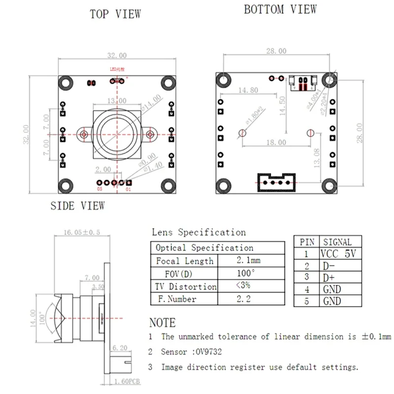 B29C-6Pcs OV9732 100 Degrees 1280X720 30Fps Camera Module For Autodarts Io With 3 Meters Cable,PCB SIZE:32X32mm,Camera Module