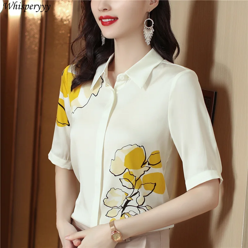 Blouse for Ladies Summer Short Sleeve Color Contrast Printed Fashion Turn-down Collar Tops Female Single-breasted Shirt Women