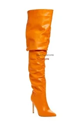 Slouch Pointed Toe Over The Knee Boot In Orange Leather Pointy Thin High Heel Thigh High Boot Woman Wide Shafts Shoes