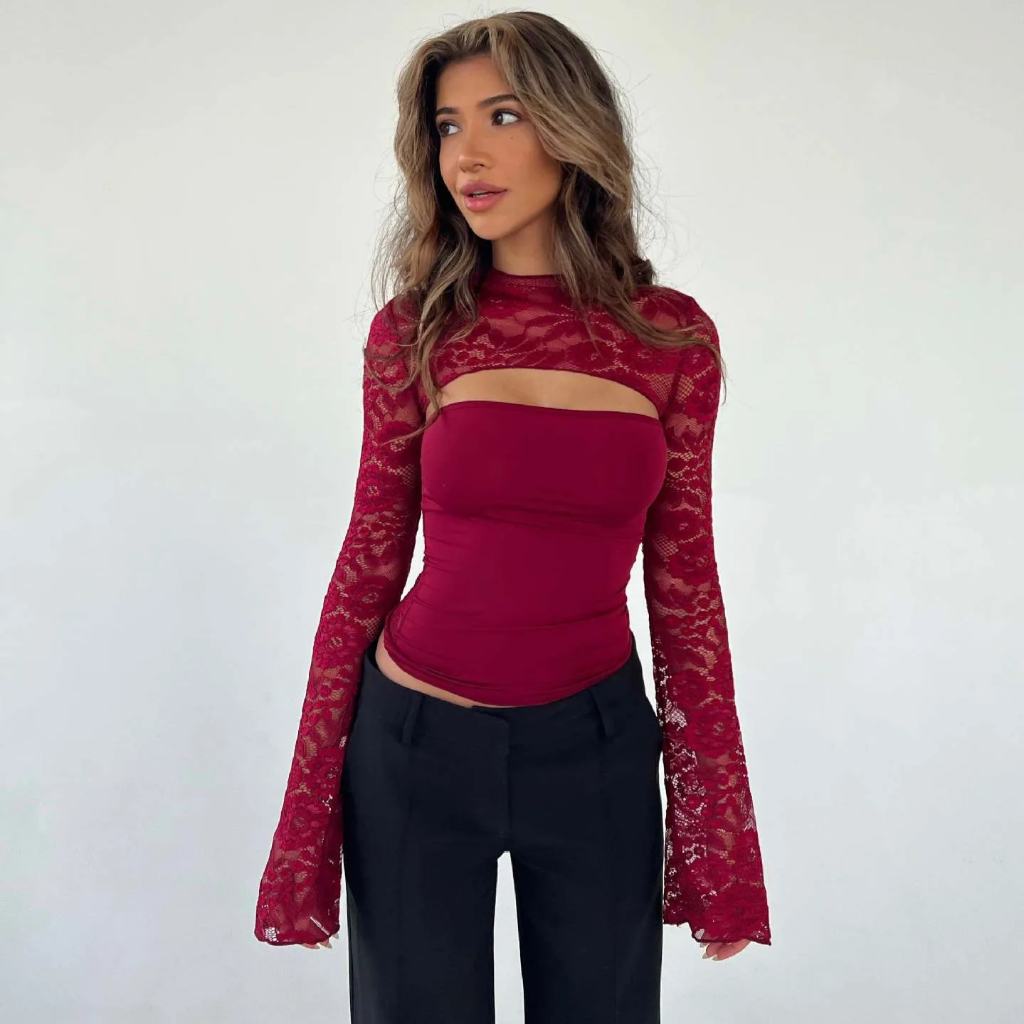 2026 Women's Burgundy Y2K Lace Long Sleeve Cutout Top Tight Bodycon Club Party Casual Sheer Bell Sleeve Blouse