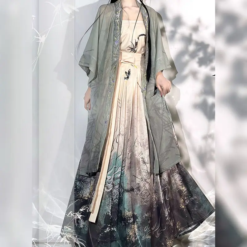 Song Dynasty Bamboo Leaf Butterfly Printed Princess Hanfu Dress Suit Robe Sling Skirt Women Traditional Oriental Party Costumes