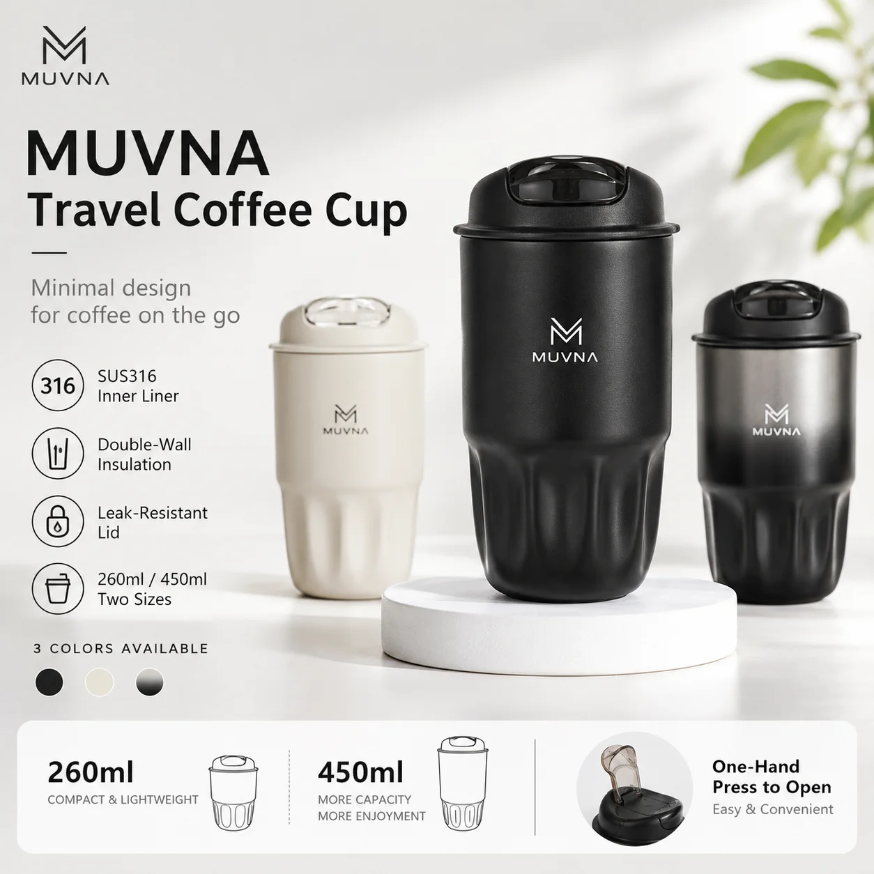 MUVNA Kaffee-Isolierbecher 260ML/450ML Outdoor Tragbarer Eisbecher Reise-Kaffeebecher Auslaufsicher Mit Deckel Auto-Thermobecher Weiß