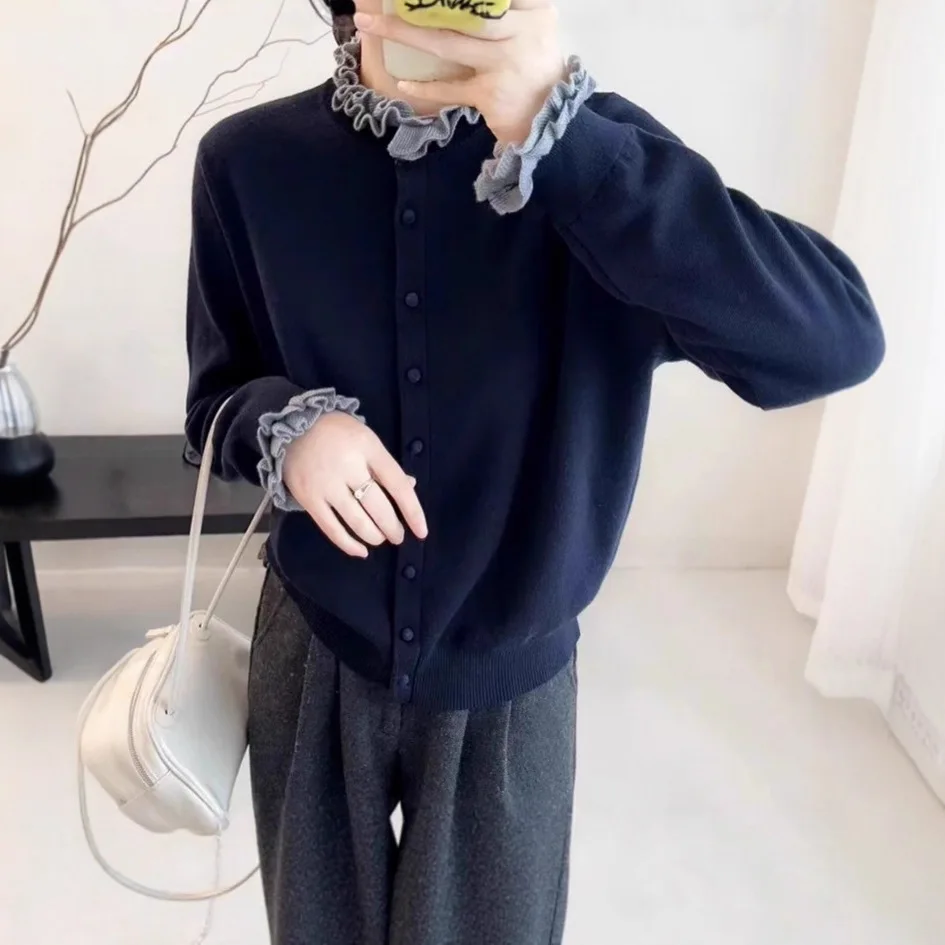 

Вязаный женский кардиган, свитер, однотонные джемперы с рюшами и пуговицами на шее, с длинными рукавами, свободные повседневные офисные женские туфли, осень-зима 202, осень-зима