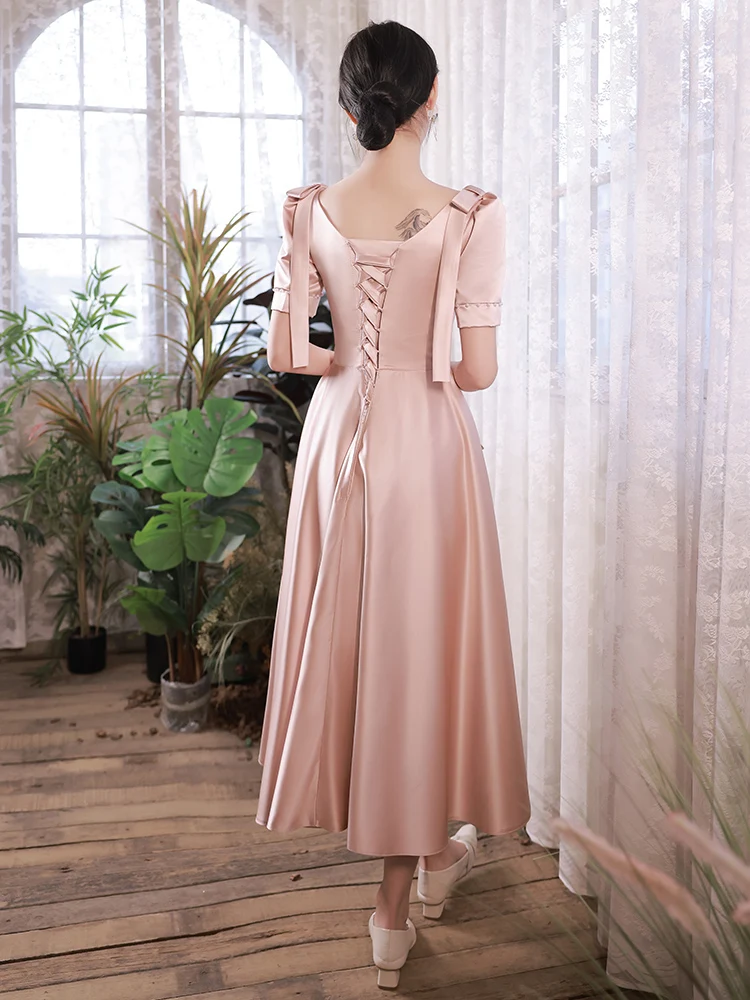 4 Styles Pink Bridesmaid Dresses Sweet Beaded Bow Square Collar Wedding Sisters Group Gown Elegant Satin Tea Length Prom Dress