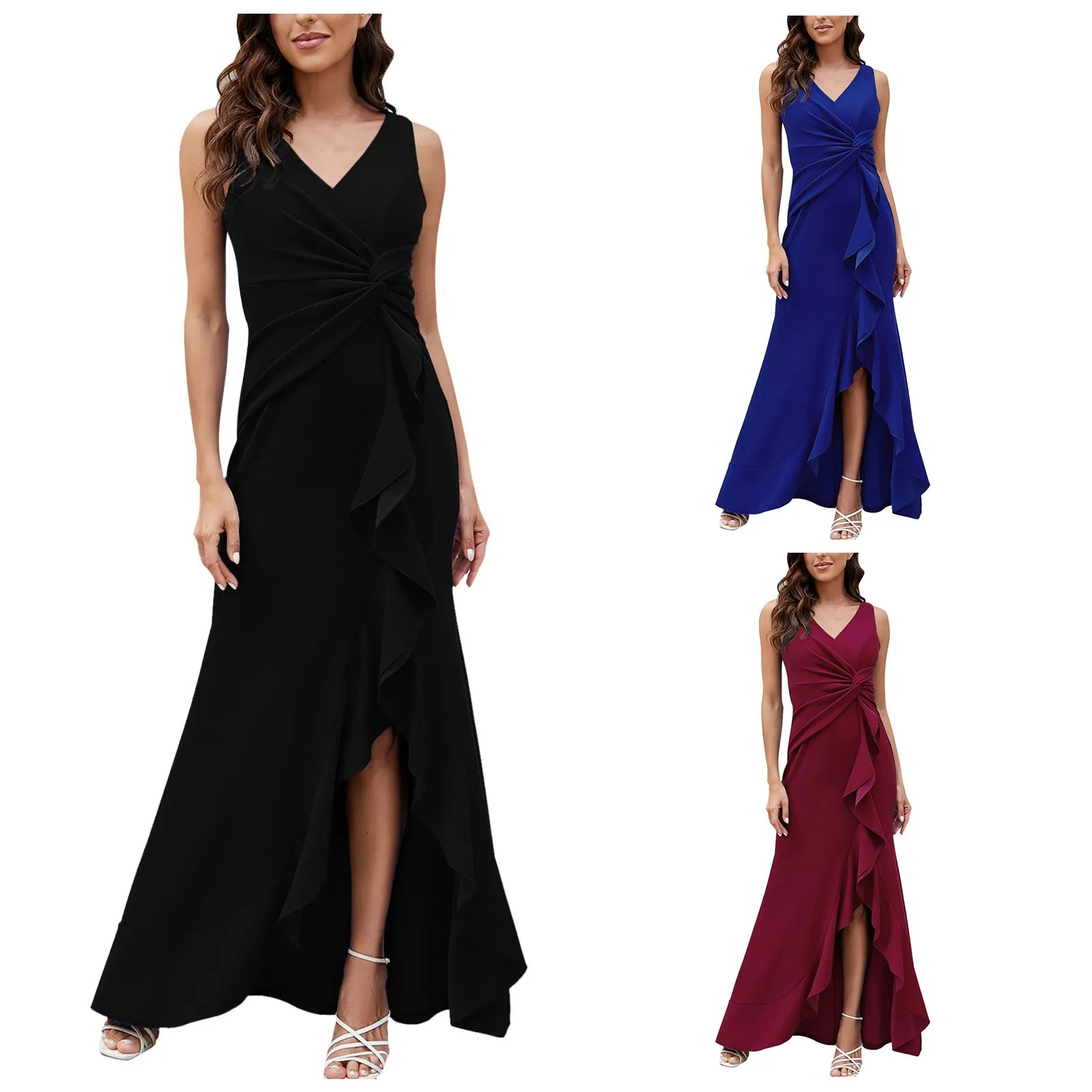 Vestidos de Noche azules reales largos para mujer, vestidos formales para mujer, fiesta de noche, elegante cuello en V, sin mangas, envoltura dividida