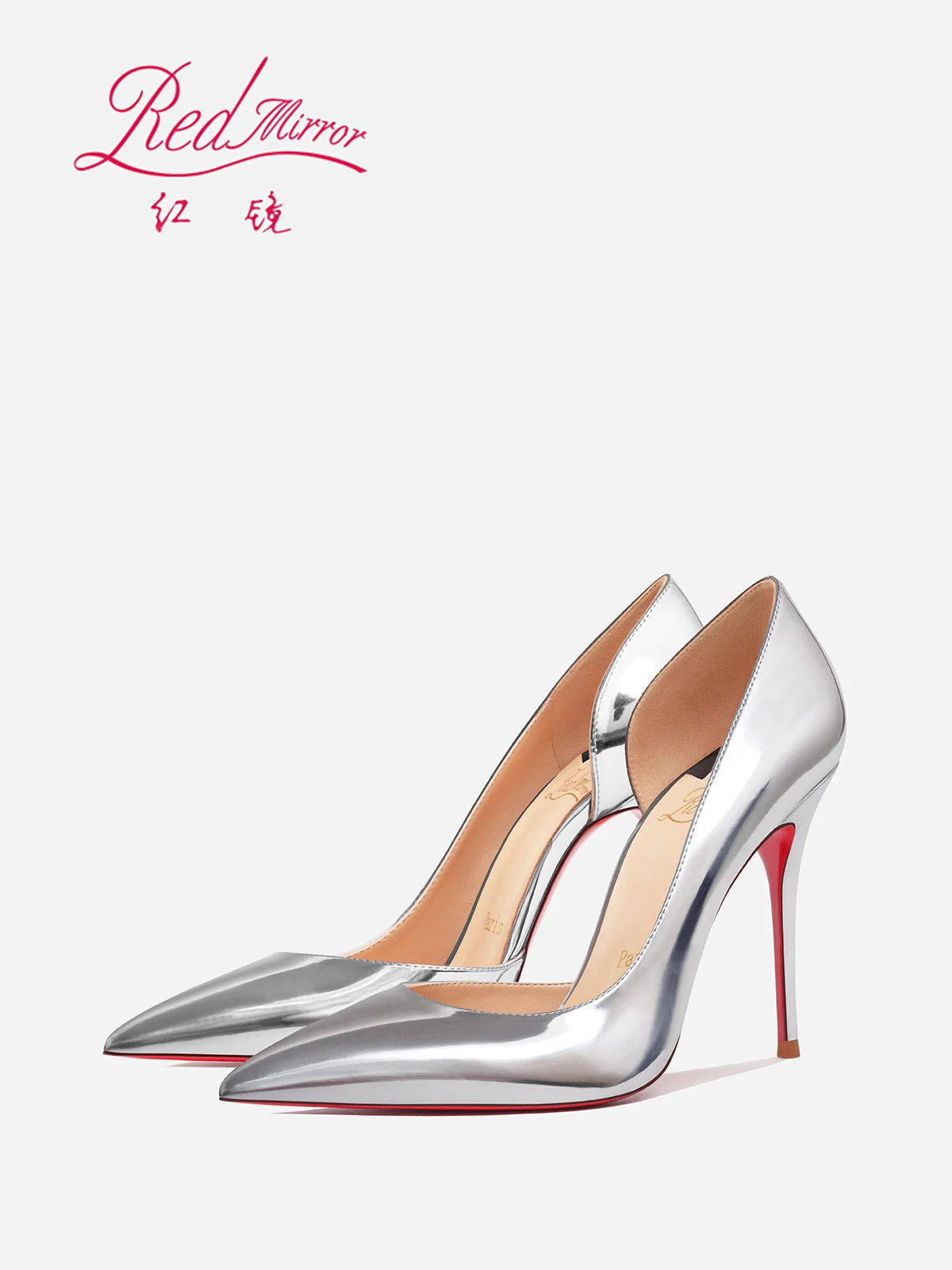 

silver high heels women's 2025 new thin heel versatile pointed head shallow mouth red sole side empty OL style fashion shoes